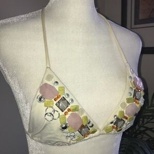 Beaded Stone & Crystals String Bikini Bra Top XS